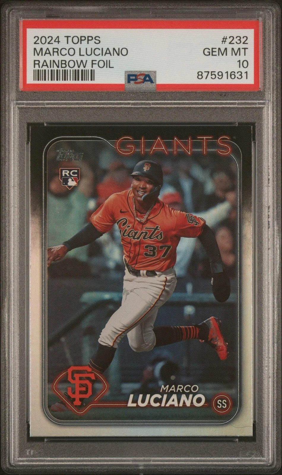 Graded 2024 Topps Marco Luciano #232 Rainbow Foil Rookie Baseball Card PSA 10