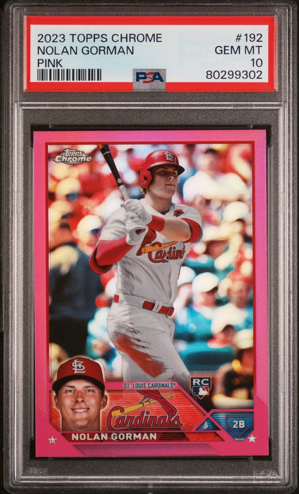Graded 2023 Topps Chrome Nolan Gorman #192 Pink Rookie Baseball Card PSA 10 Gem