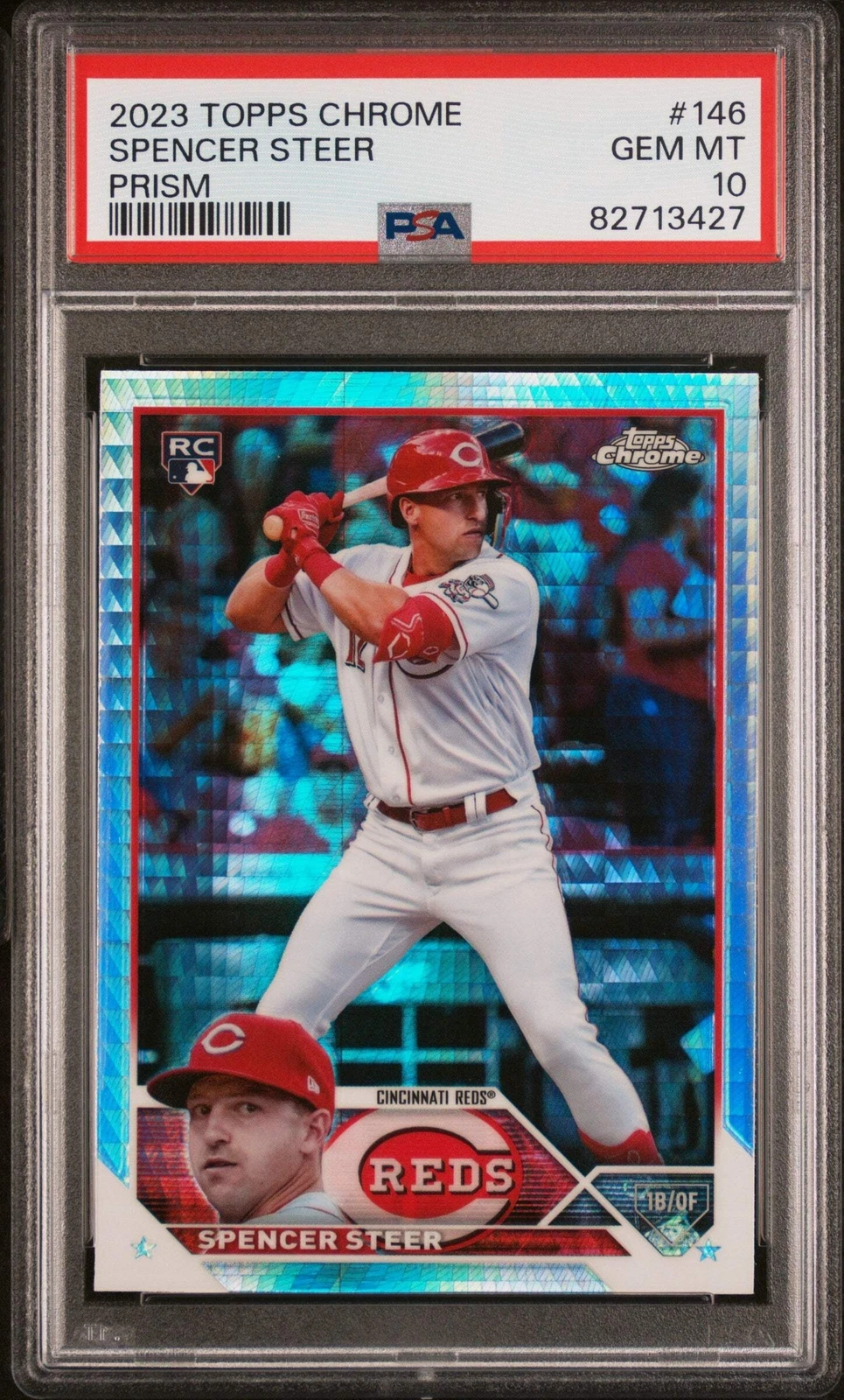 Graded 2023 Topps Chrome Spencer Steer #146 Prism Rookie RC Baseball Card PSA 10