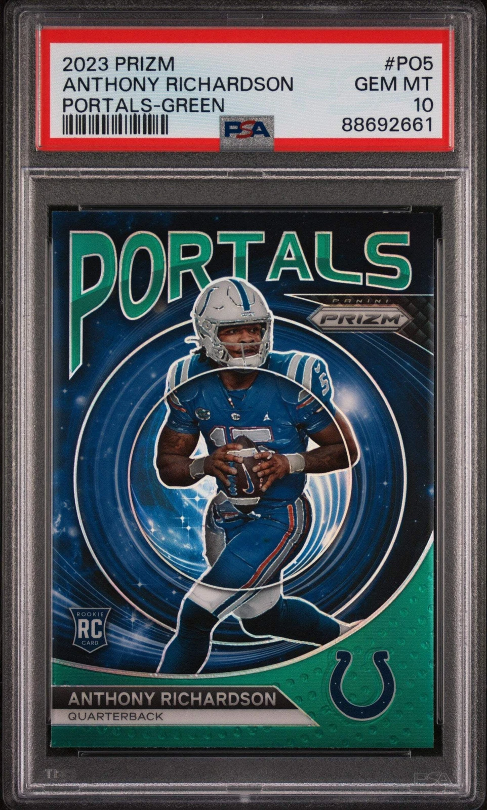 Graded 2023 Prizm Anthony Richardson #PO5 Portals Green RC Football Card PSA 10