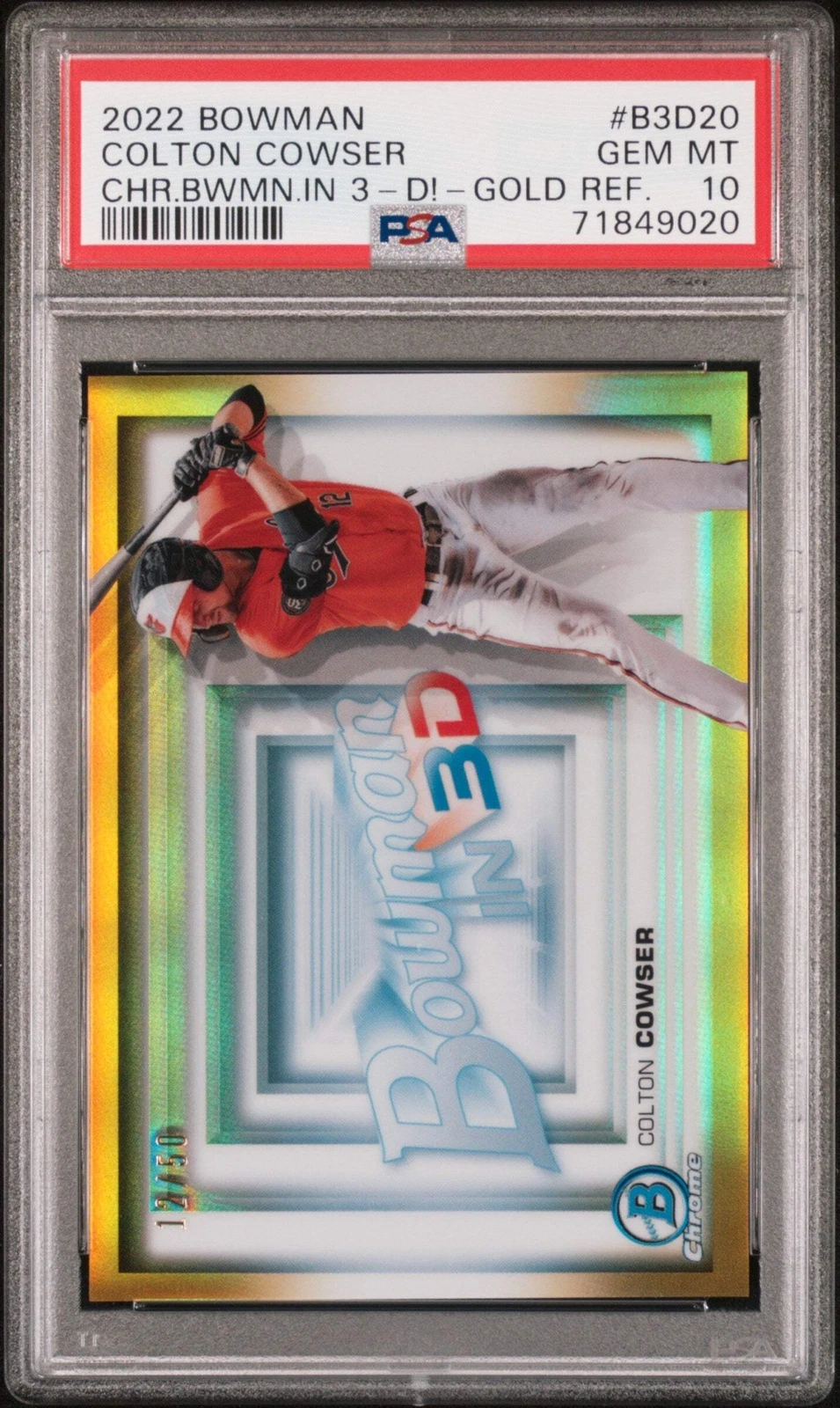 Graded 2022 Topps Colton Cowser #B3D20 3D Gold REF #/50 RC Baseball Card PSA 10
