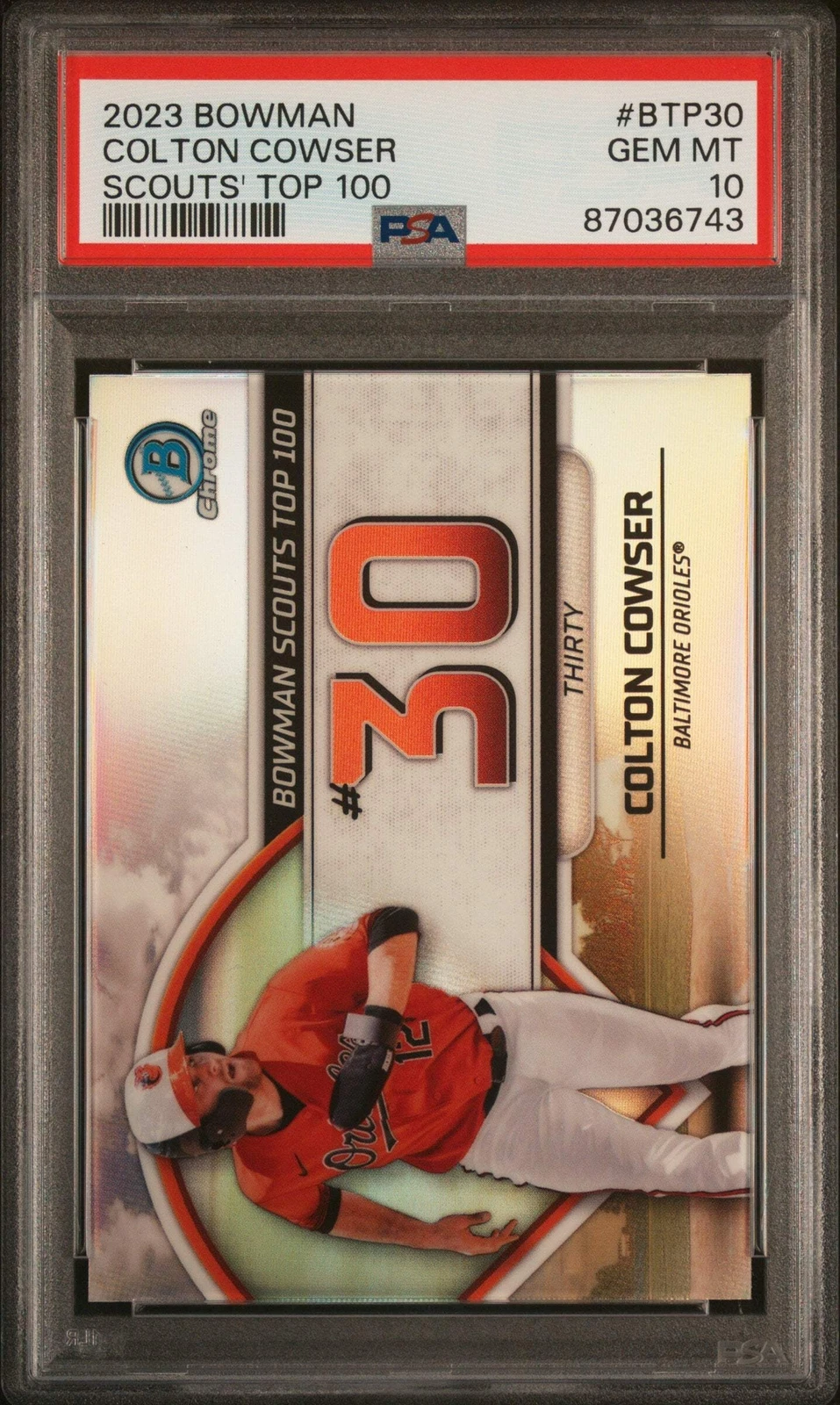 Graded 2023 Bowman Colton Cowser #BTP30 Scouts Top 100 RC Baseball Card PSA 10