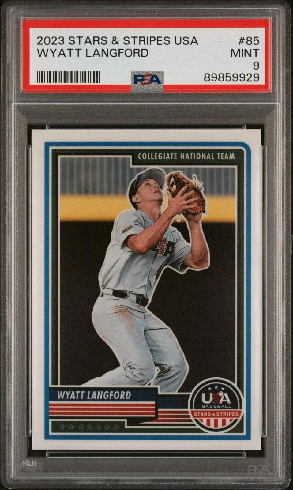 Graded 2023 Panini Stars & Stripes USA Wyatt Langford #85 RC Baseball Card PSA 9