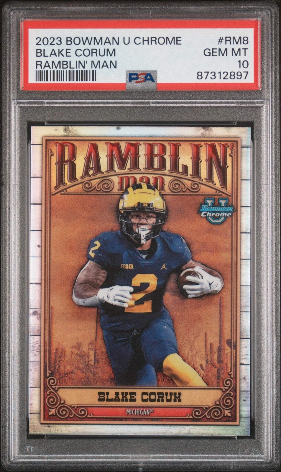 Graded 2023 Bowman U Chrome Blake Corum #RM8 Ramblin Man RC Football Card PSA 10