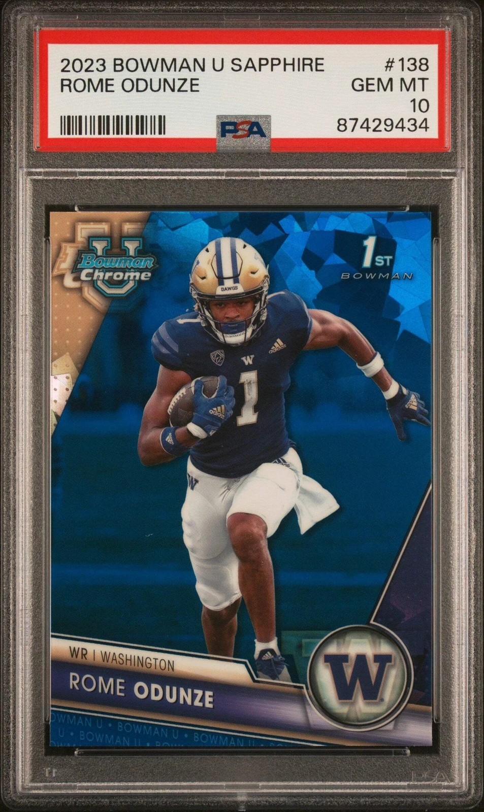 Graded 2023 Topps Bowman U Sapphire Rome Odunze #138 RC Football Card PSA 10