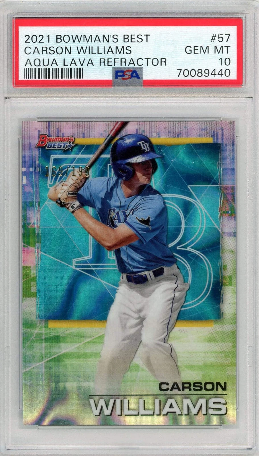 Graded 2021 Bowman Best Carson Williams #57 Aqua Lava #/199 Baseball Card PSA 10