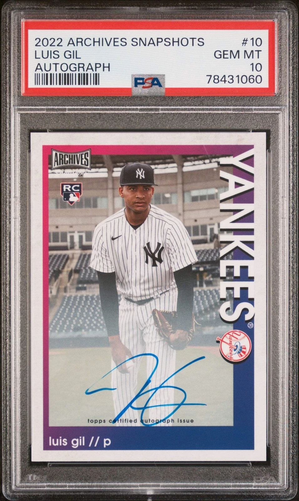 Graded 2022 Topps Archives Snapshots Luis Gil #10 AUTO RC Baseball Card PSA 10