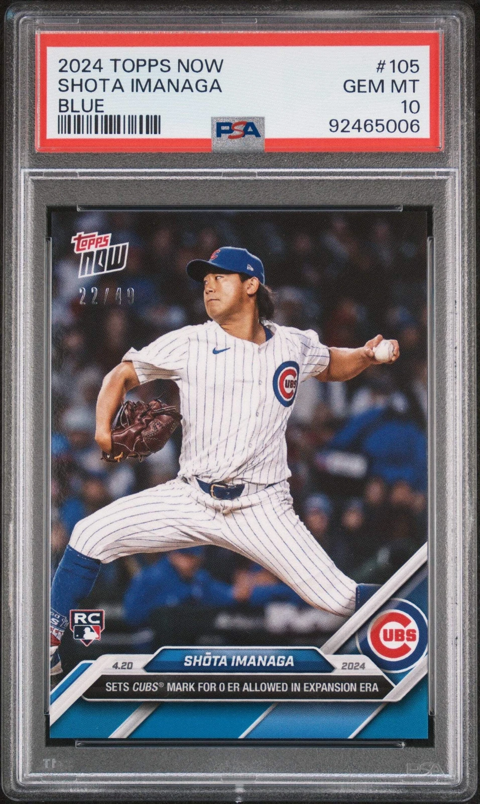 Graded 2024 Topps Now Shota Imanaga #105 Blue #/49 Rookie Baseball Card PSA 10