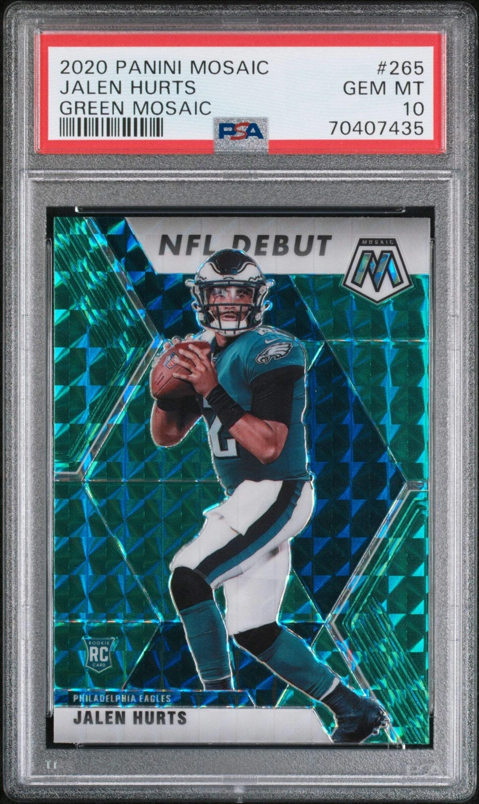 Graded 2020 Panini Mosaic Jalen Hurts #265 Green Mosaic RC Football Card PSA 10