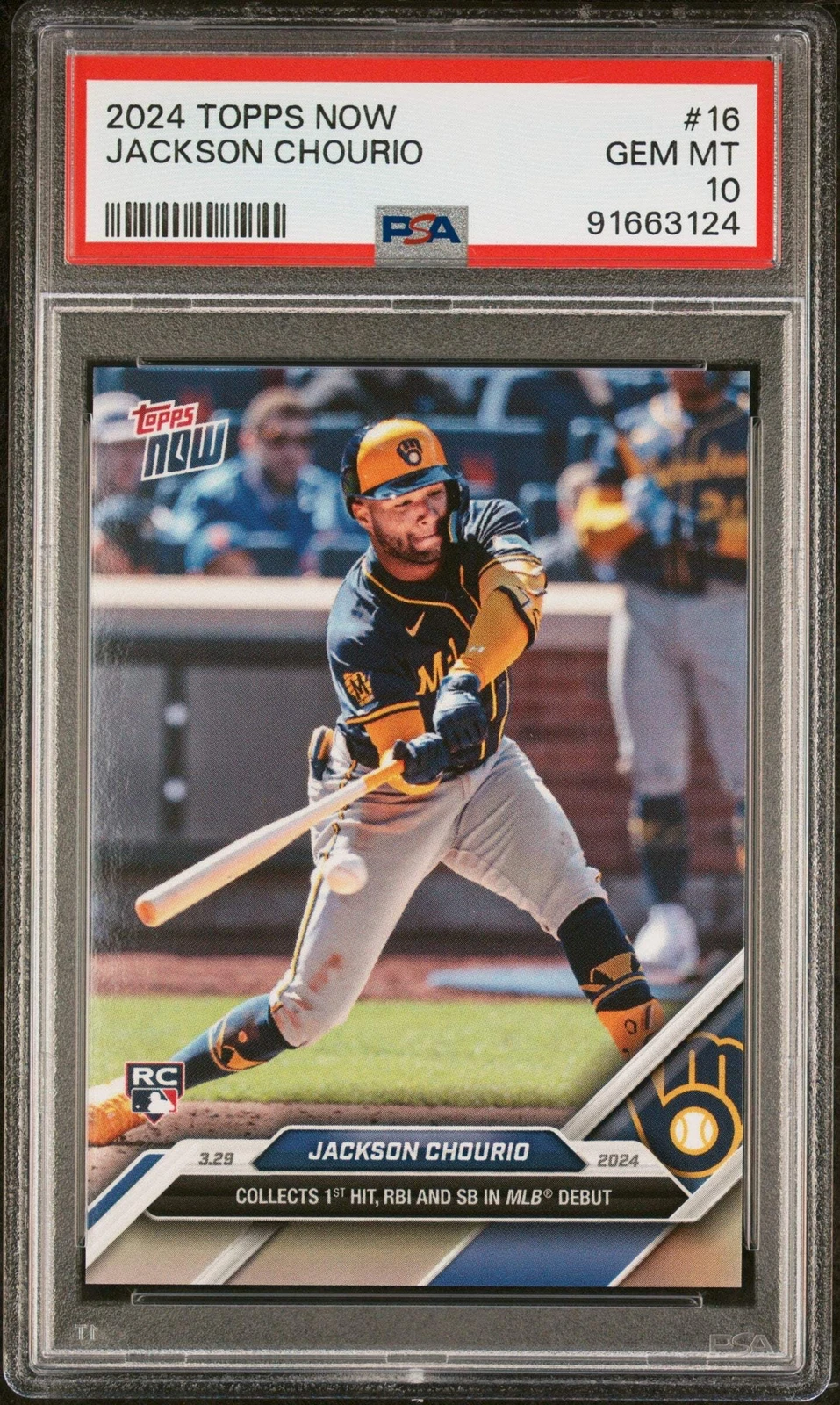Graded 2024 Topps Now Jackson Chourio #16 Rookie RC Baseball Card PSA 10 Gem