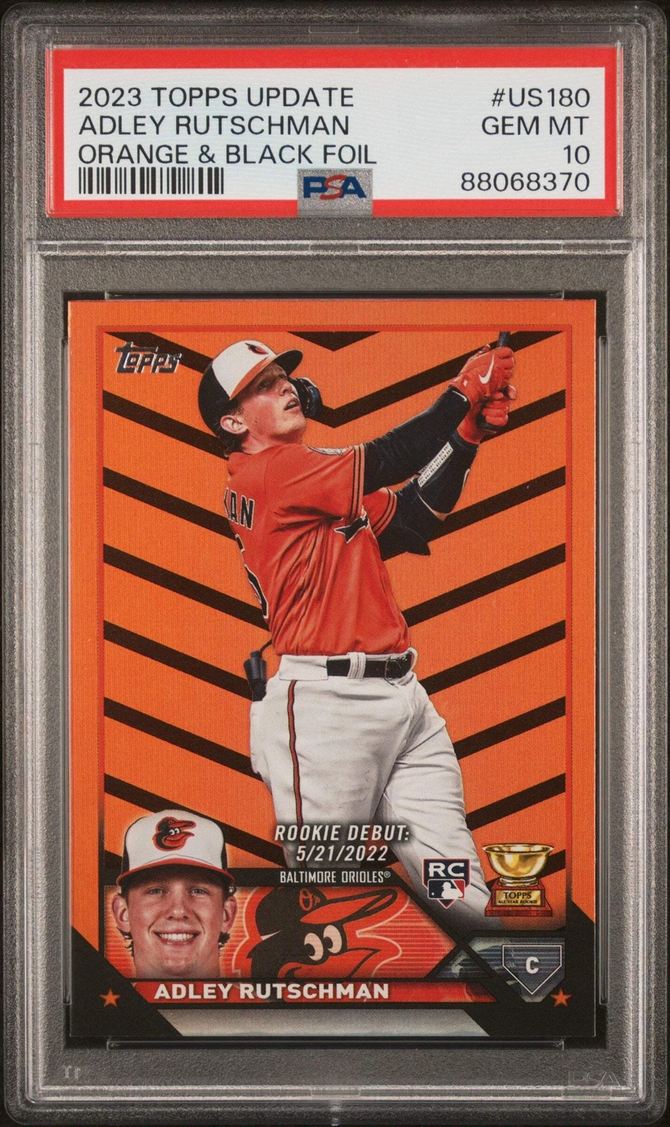 Graded 2023 Topps UPD Adley Rutschman #US180 O&B Foil RC Baseball Card PSA 10