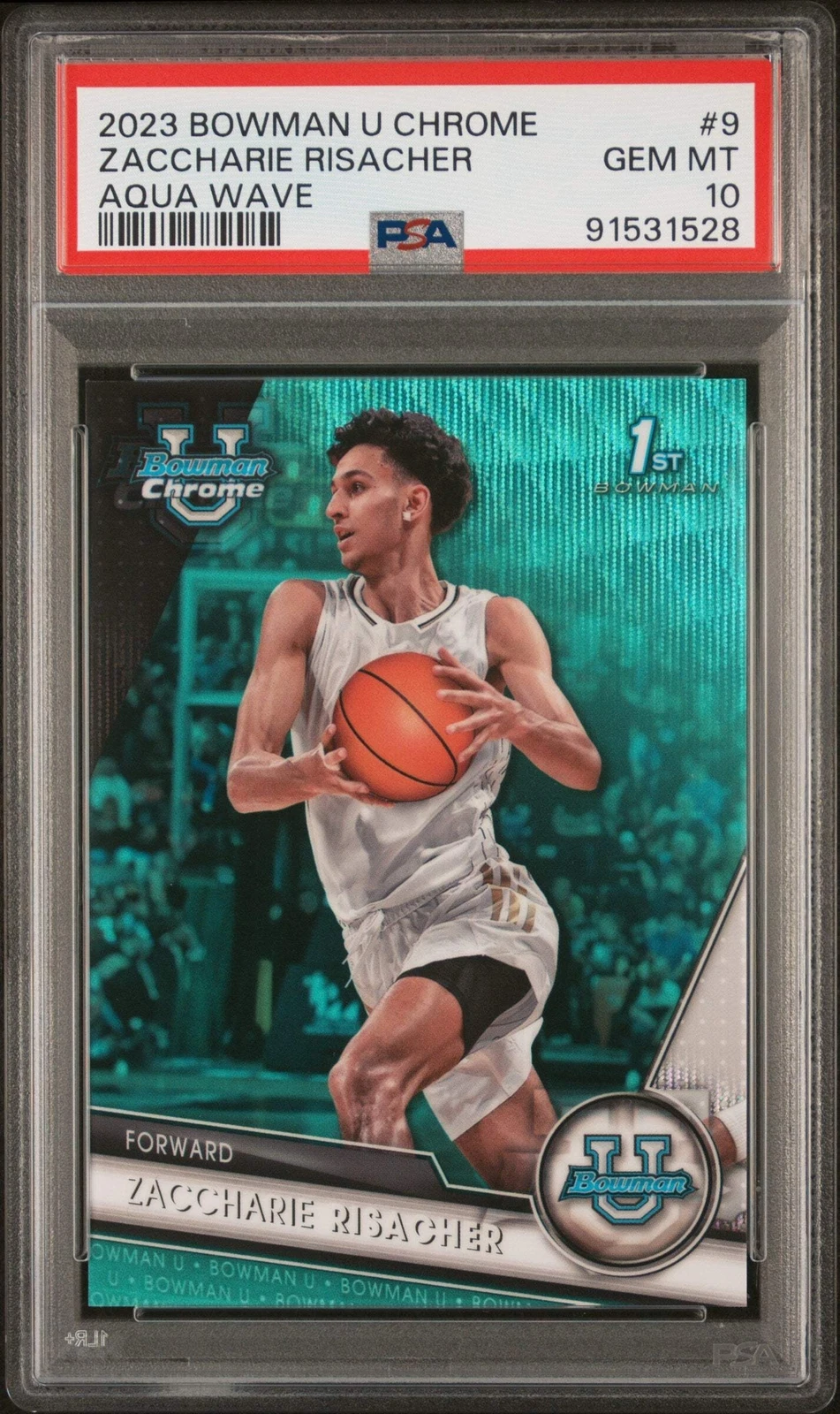 Graded 2023 Bowman Zaccharie Risacher #9 Aqua Wave #/299 Basketball Card PSA 10
