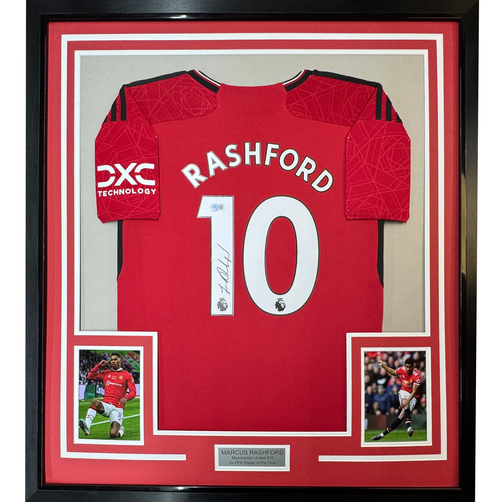Framed Autographed/Signed Marcus Rashford 35x39 ManU Red Jersey Beckett BAS COA