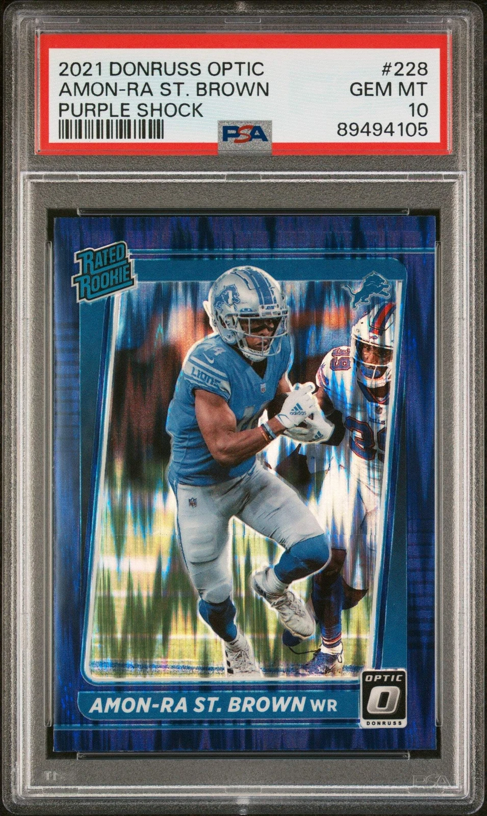 Graded 2021 Donruss Optic AmonRa St Brown #228 Purple Shock Football Card PSA 10