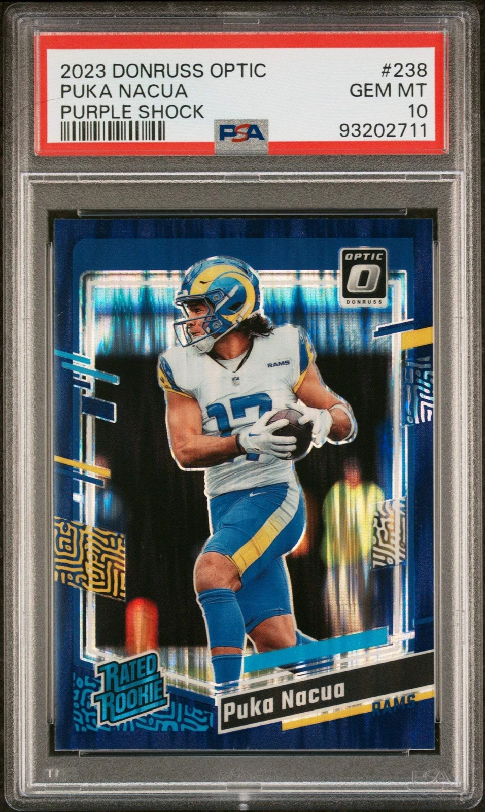Graded 2023 Donruss Optic Puka Nacua #238 Purple Shock RC Football Card PSA 10