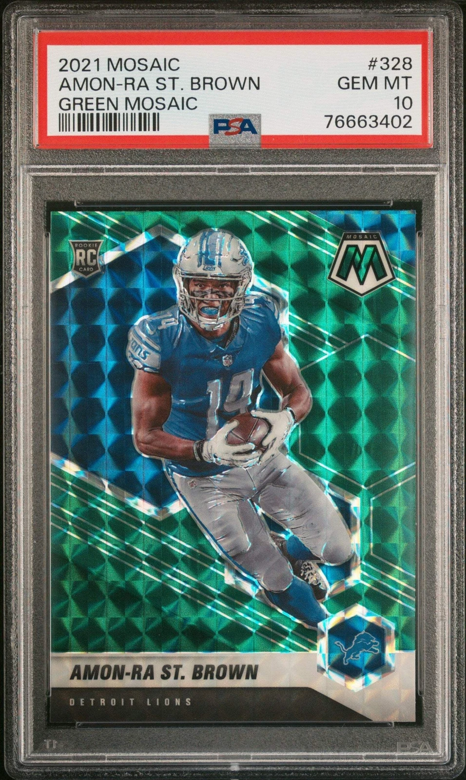Graded 2021 Mosaic Amon-Ra St. Brown #328 Green Mosaic RC Football Card PSA 10