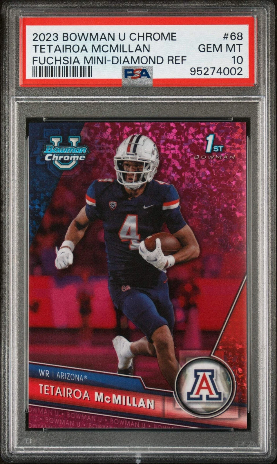Graded 2023 Bowman Tetairoa McMillan #68 Fuchsia Ref #/150 Football Card PSA 10