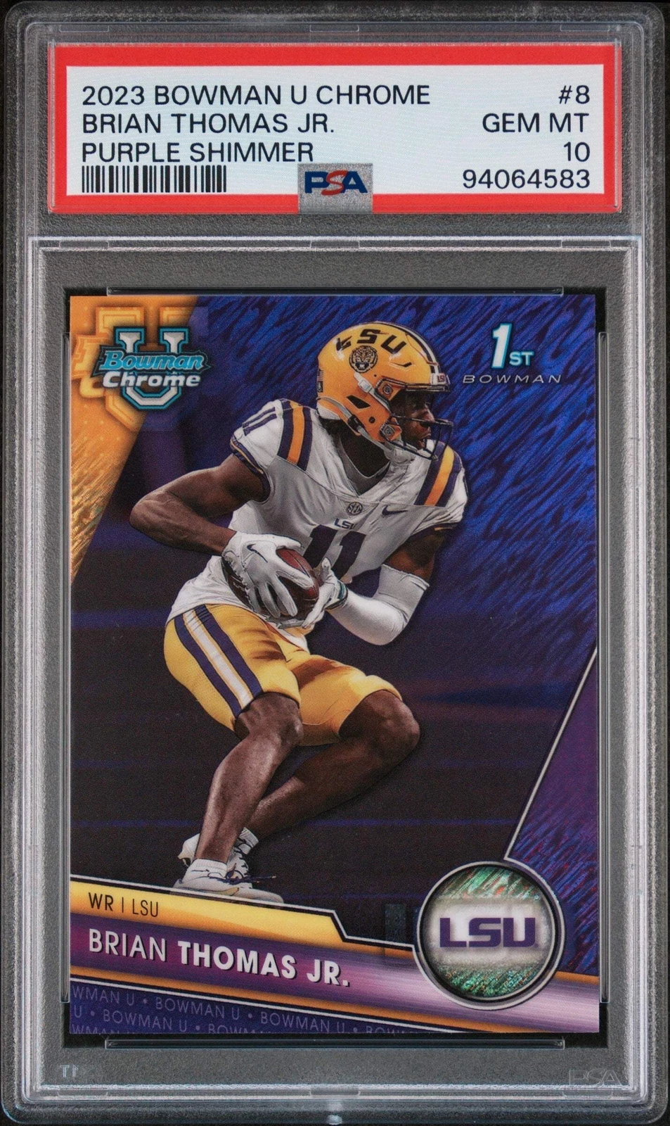 Graded 2023 BWM U Chrome Brian Thomas Jr #8 Purple Shimmer Football Card PSA 10