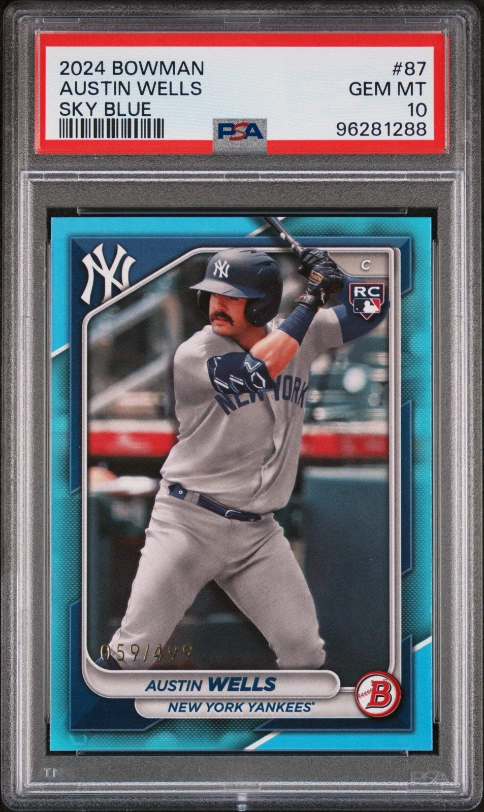 Graded 2024 Topps Bowman Austin Wells #87 Sky Blue #/499 RC Baseball Card PSA 10