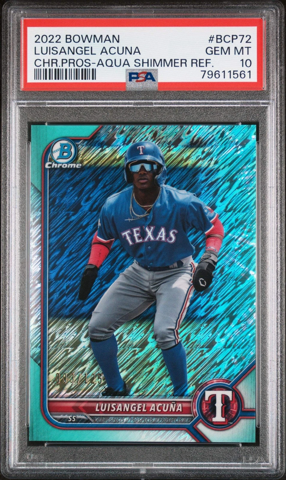 Graded 2022 Bowman Luisangel Acuna #BCP72 Aqua Shimmer /125 Baseball Card PSA 10