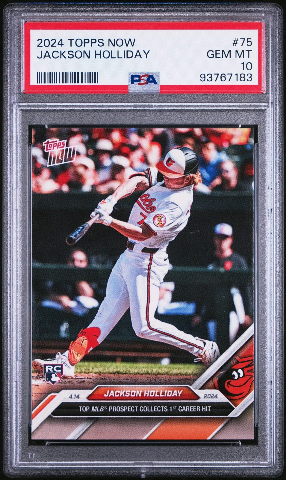 Graded 2024 Topps Now Jackson Holliday #75 1st Career Hit Baseball Card PSA 10
