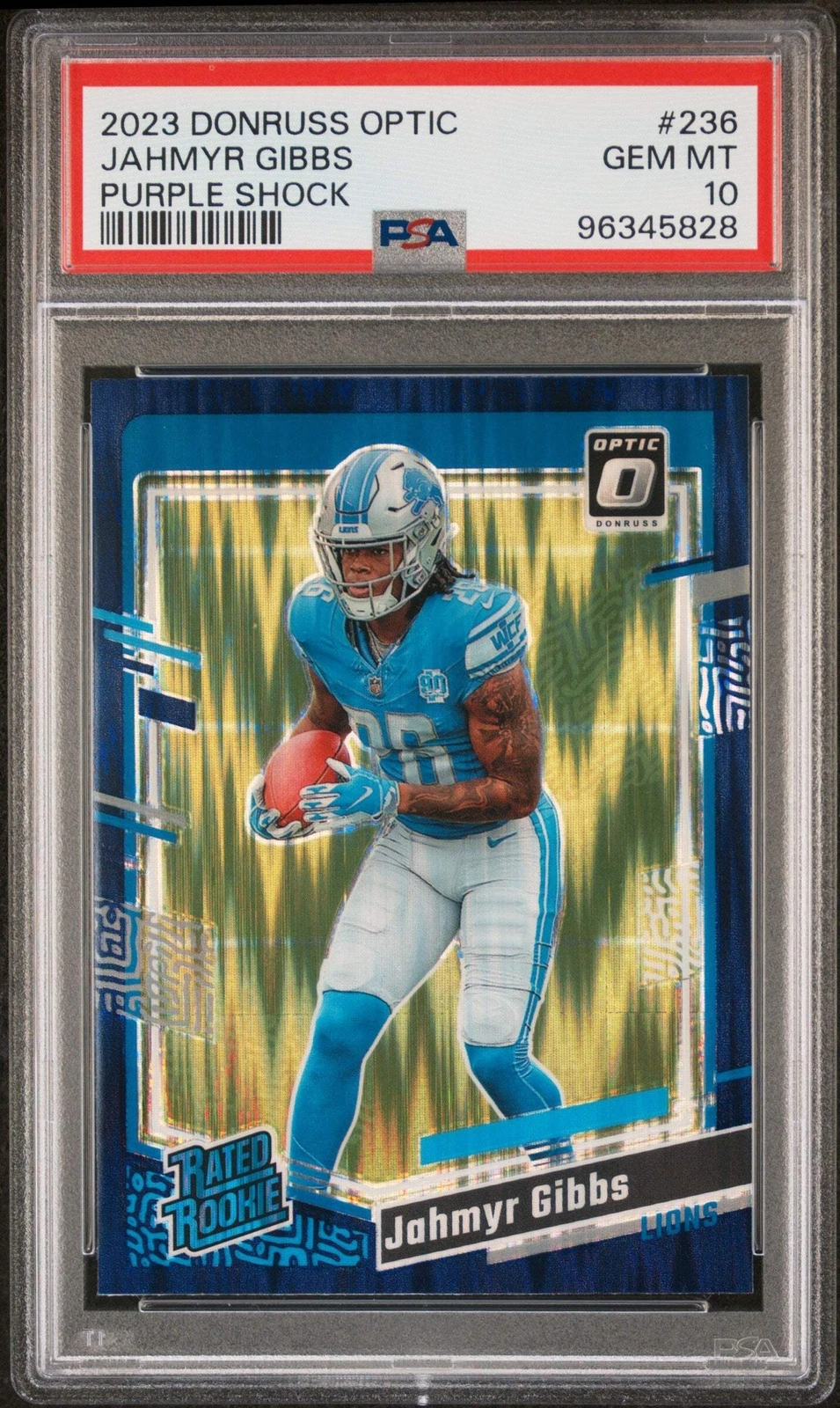 Graded 2023 Donruss Optic Jahmyr Gibbs #236 Purple Shock RC Football Card PSA 10