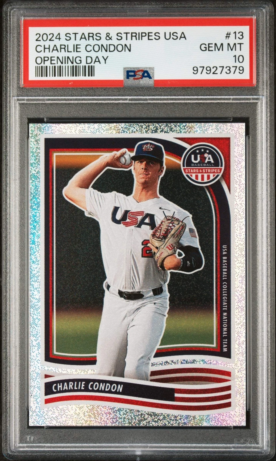 Graded 2024 Panini S&S USA Charlie Condon #13 Opening Day Baseball Card PSA 10