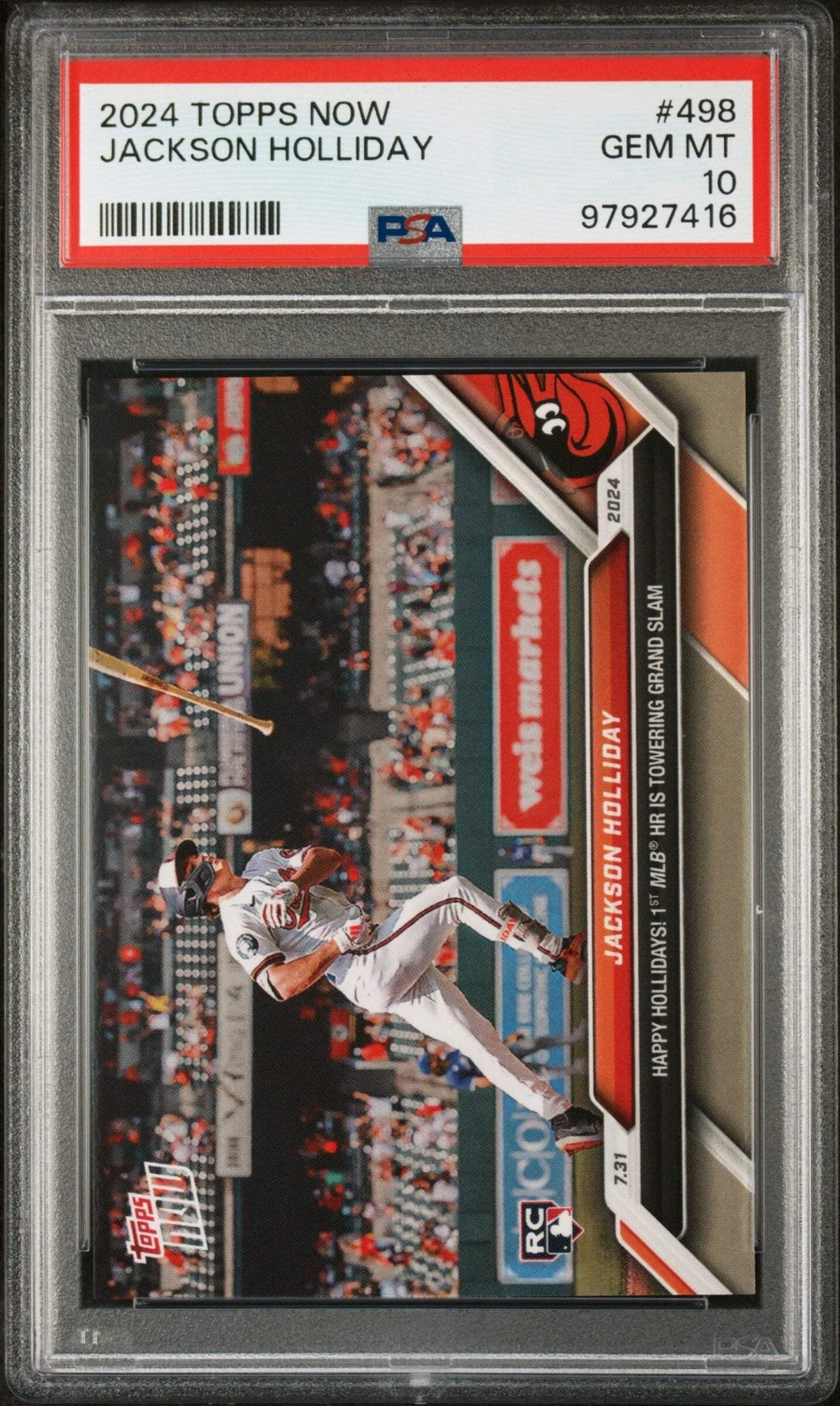 Graded 2024 Topps Now Jackson Holliday #498 1st MLB HR RC Baseball Card PSA 10