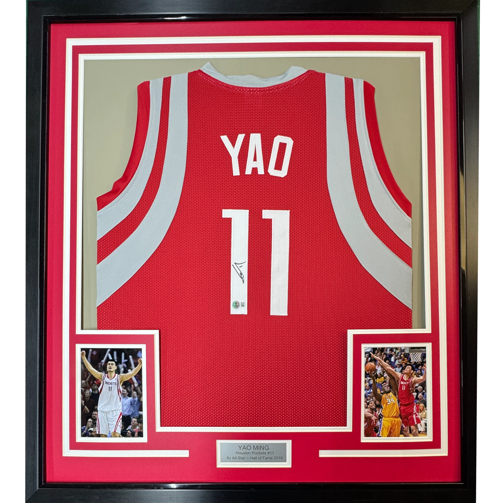 Framed Autographed/Signed Yao Ming 35x39 Houston Red Basketball Jersey BAS COA