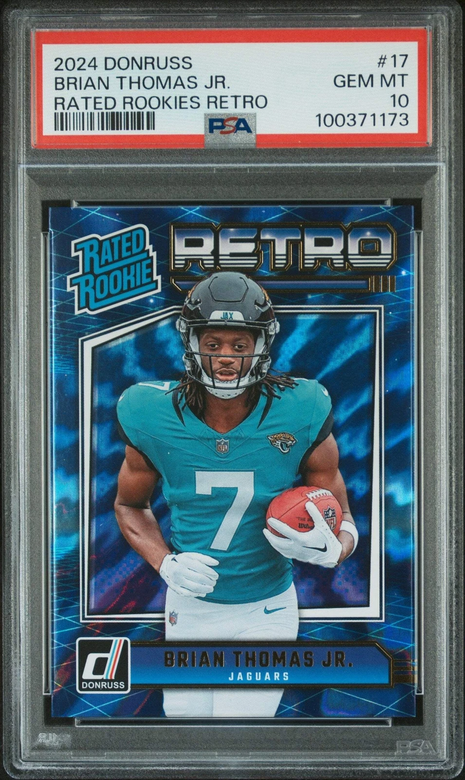 Graded 2024 Donruss Brian Thomas Jr #17 Rated Rookies Retro Football Card PSA 10