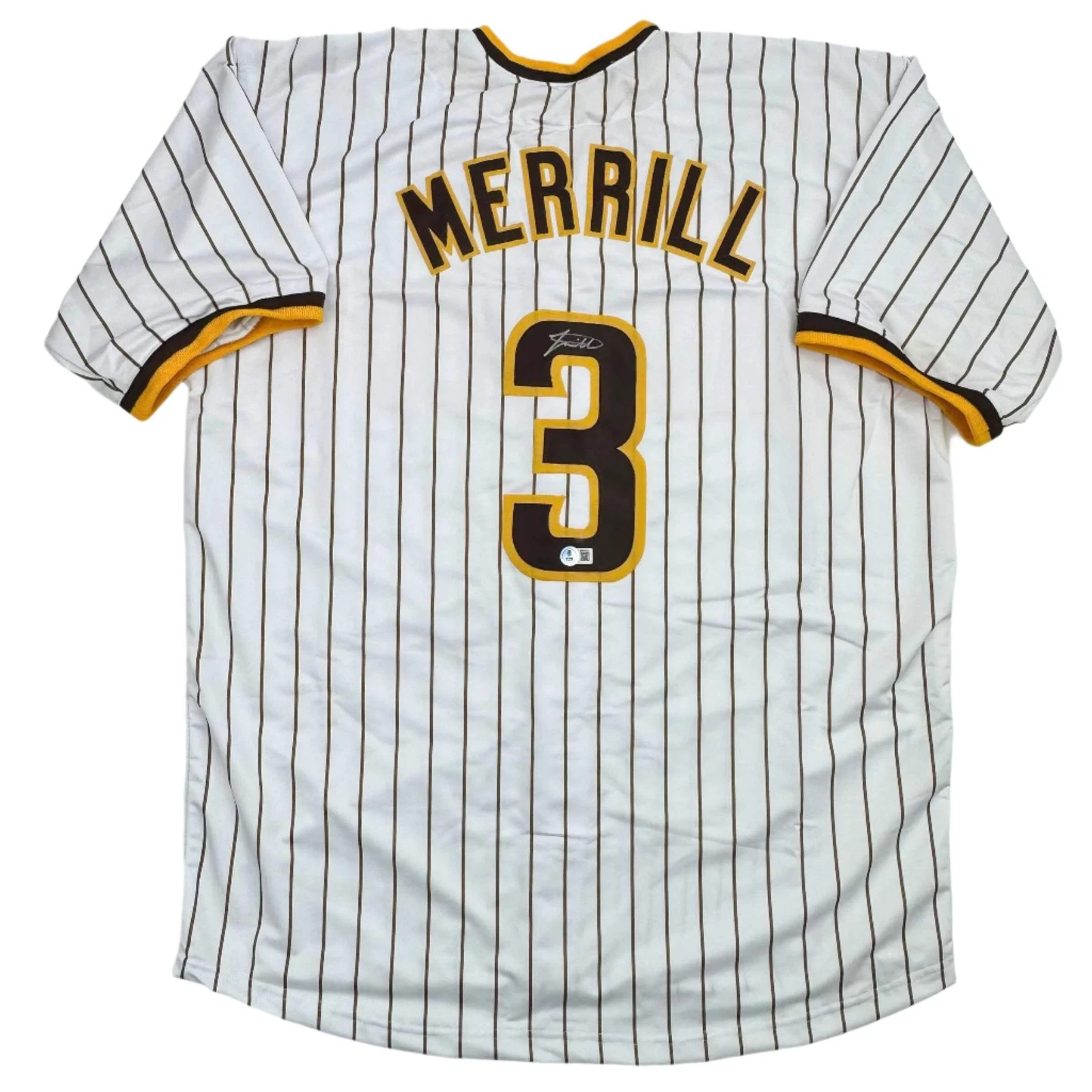 Autographed/Signed Jackson Merrill San Diego Pinstripe Baseball Jersey BAS COA