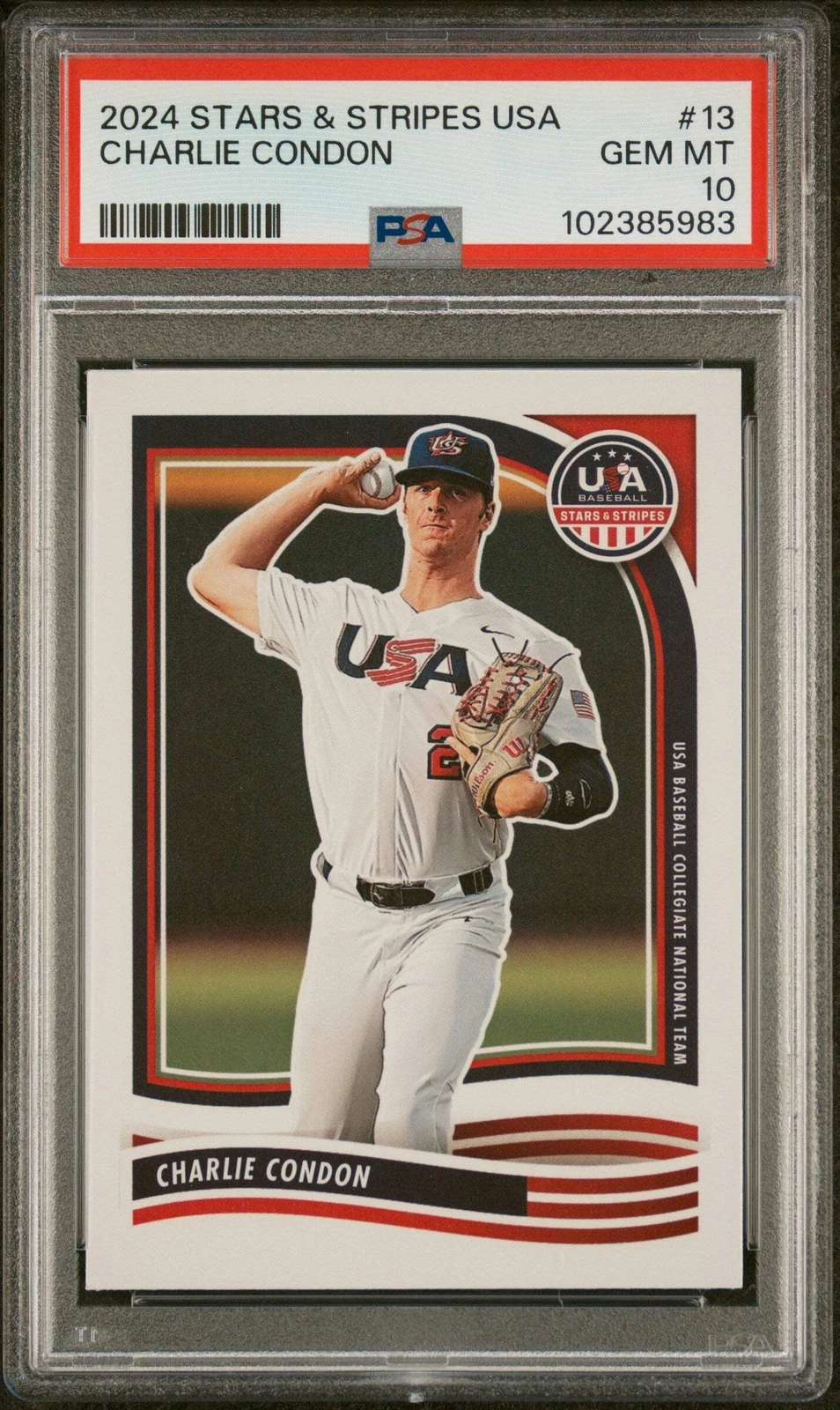 Graded 2024 Panini Stars & Stripes USA Charlie Condon #13 Baseball Card PSA 10