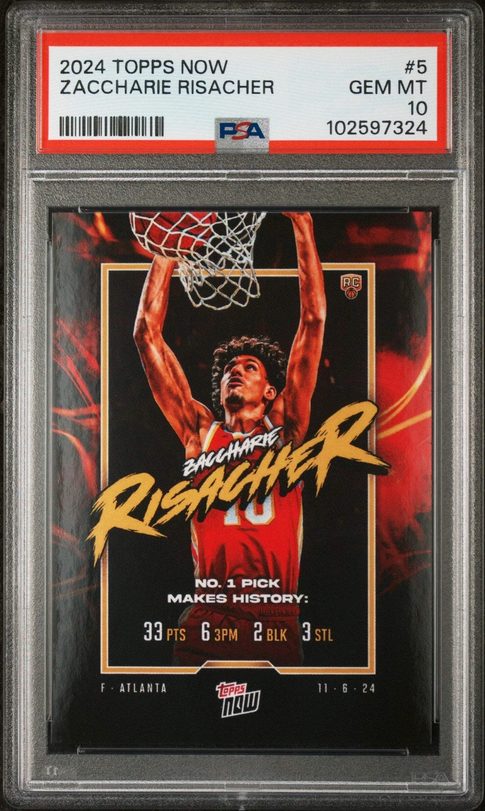 Graded 2024 Topps Now Zaccharie Risacher #5 Rookie RC Card PSA 10 Gem Mint