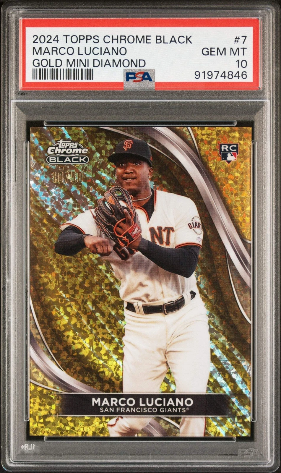 Graded 2024 Topps CHR Black Marco Luciano #7 Gold Mini /50 Baseball Card PSA 10