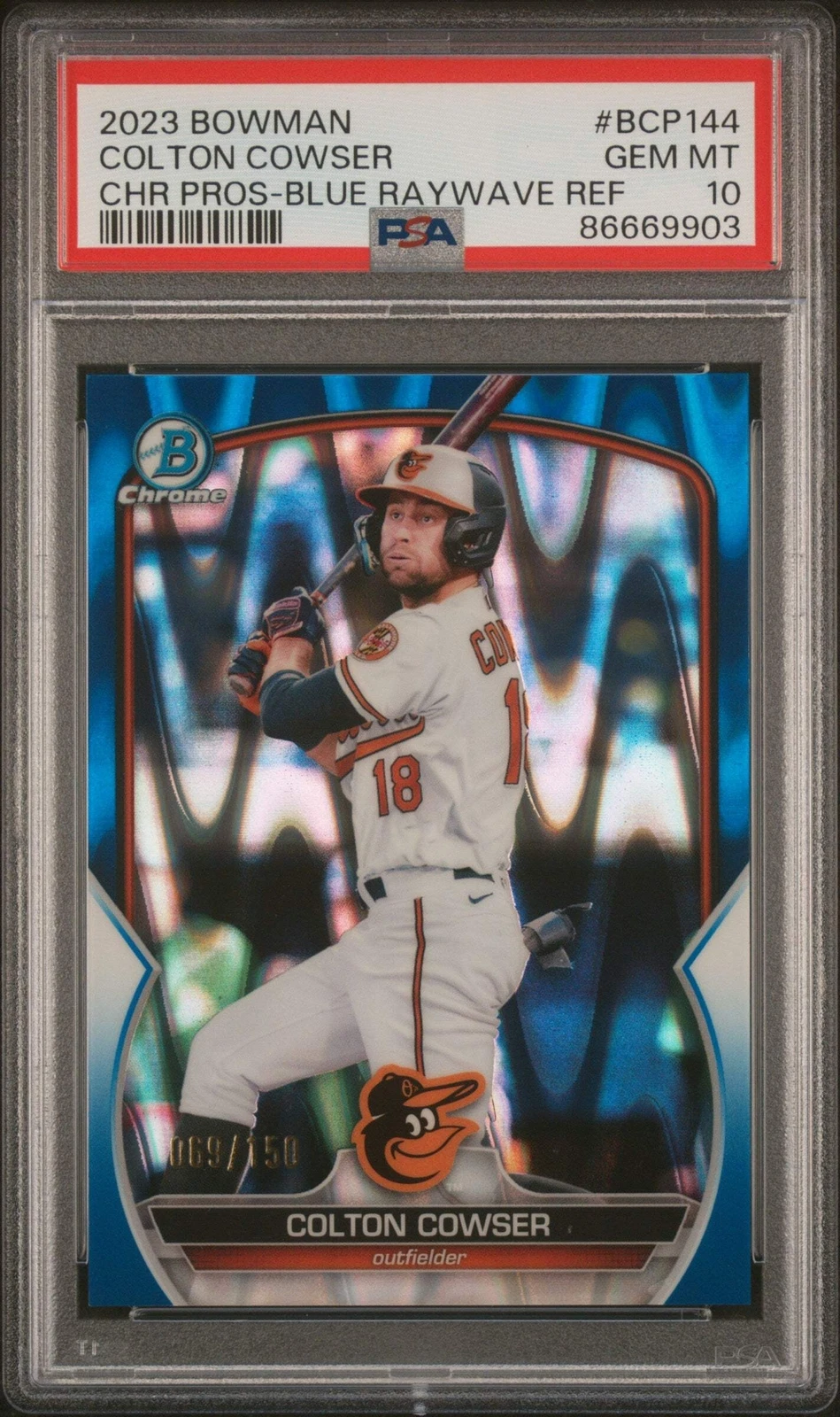 Graded 2023 BWM Colton Cowser #BCP144 BlueWave REF #/150 RC Baseball Card PSA 10