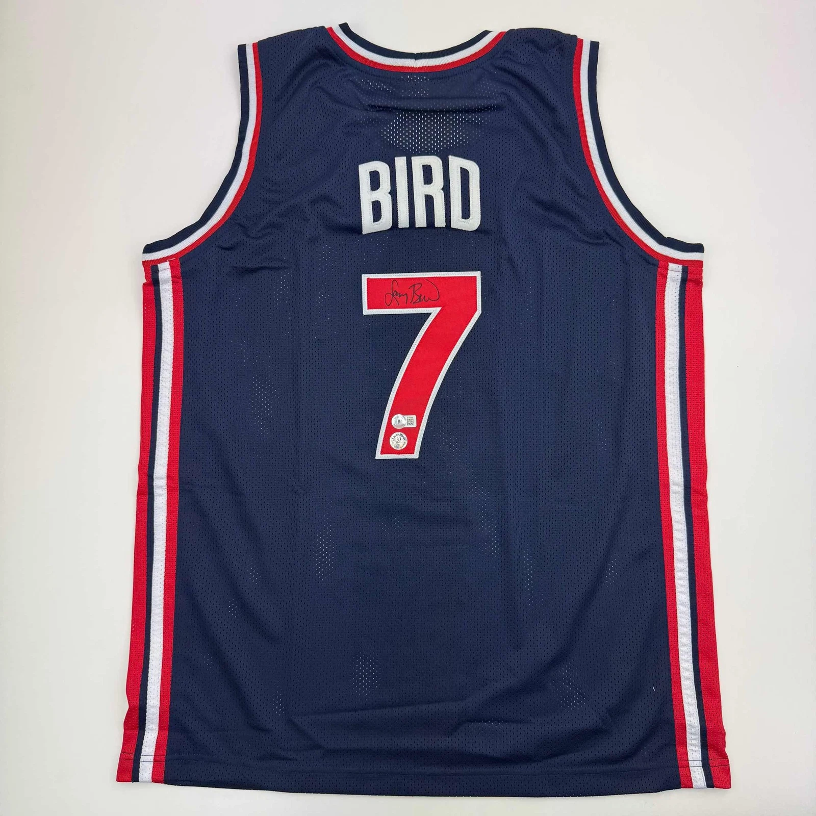 Autographed/Signed Larry Bird USA Blue 1992 Dream Team Jersey Beckett BAS COA