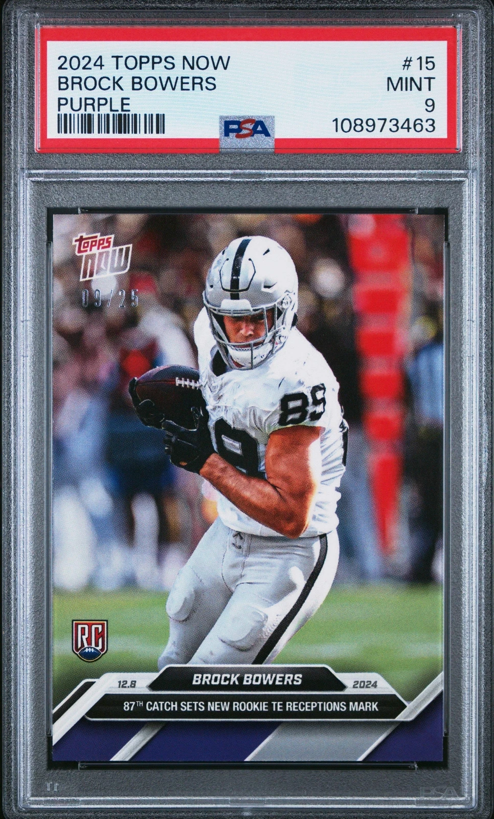 Graded 2024 Topps Now Brock Bowers #15 Purple /25 Rookie RC Football Card PSA 9