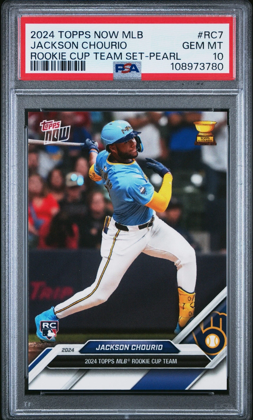 Graded 2024 Topps Now Jackson Chourio #RC7 Rookie Cup Pearl Baseball Card PSA 10
