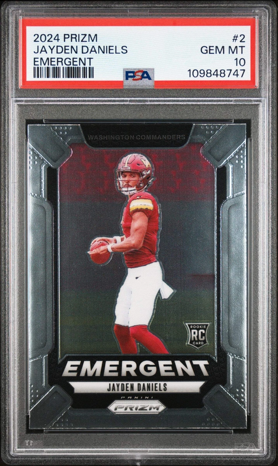 Graded 2024 Panini Prizm Jayden Daniels #2 Emergent Rookie Football Card PSA 10