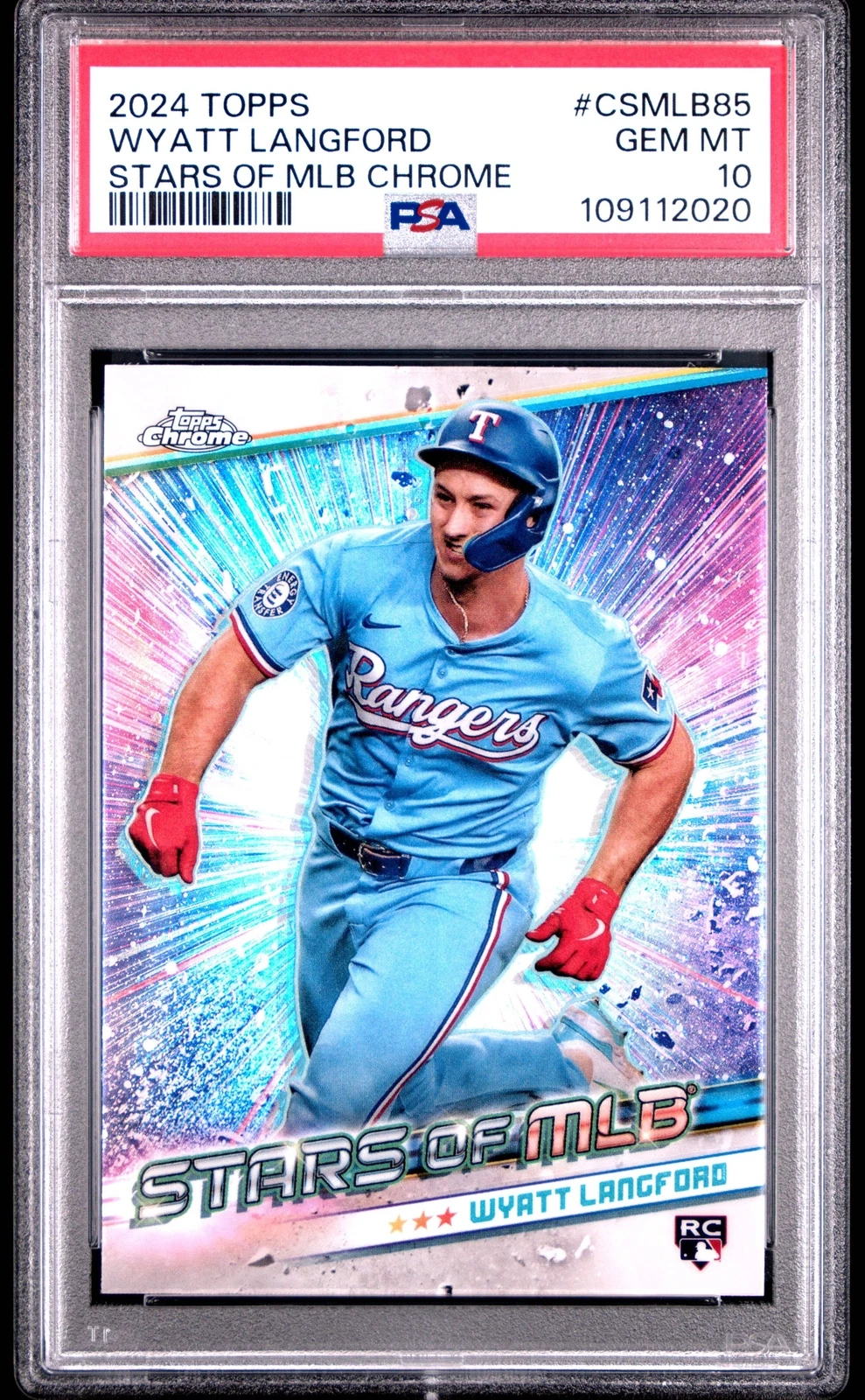 Graded 2024 Topps Wyatt Langford #CSMLB85 Stars MLB Chrome Baseball Card PSA 10