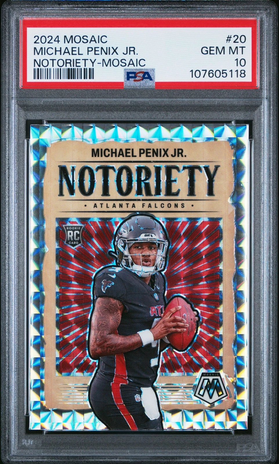 Graded 2024 Mosaic Michael Penix Jr #20 Notoriety Mosaic RC Football Card PSA 10
