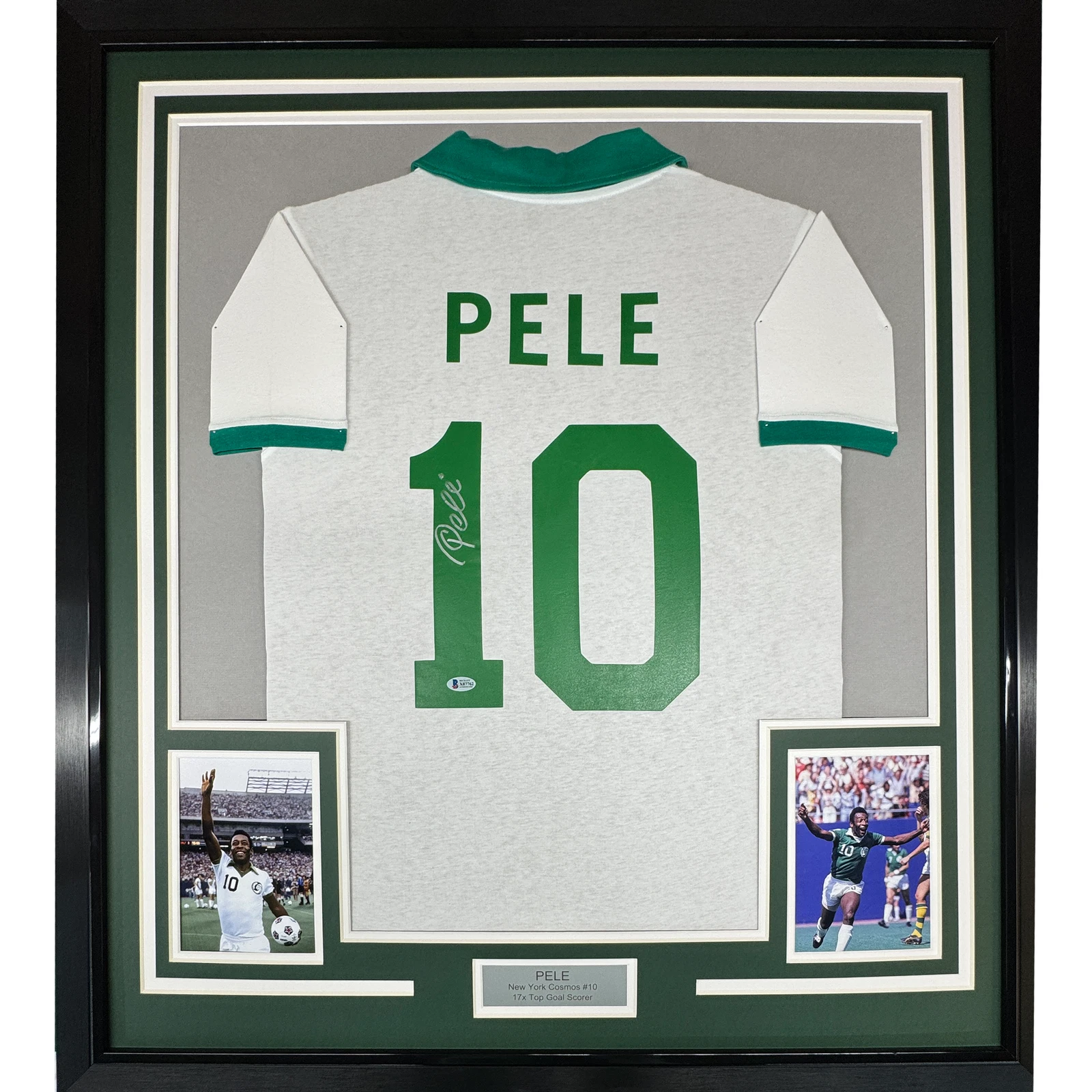 Framed Autographed/Signed Pele 35x39 New York Cosmos White Soccer Jersey BAS COA