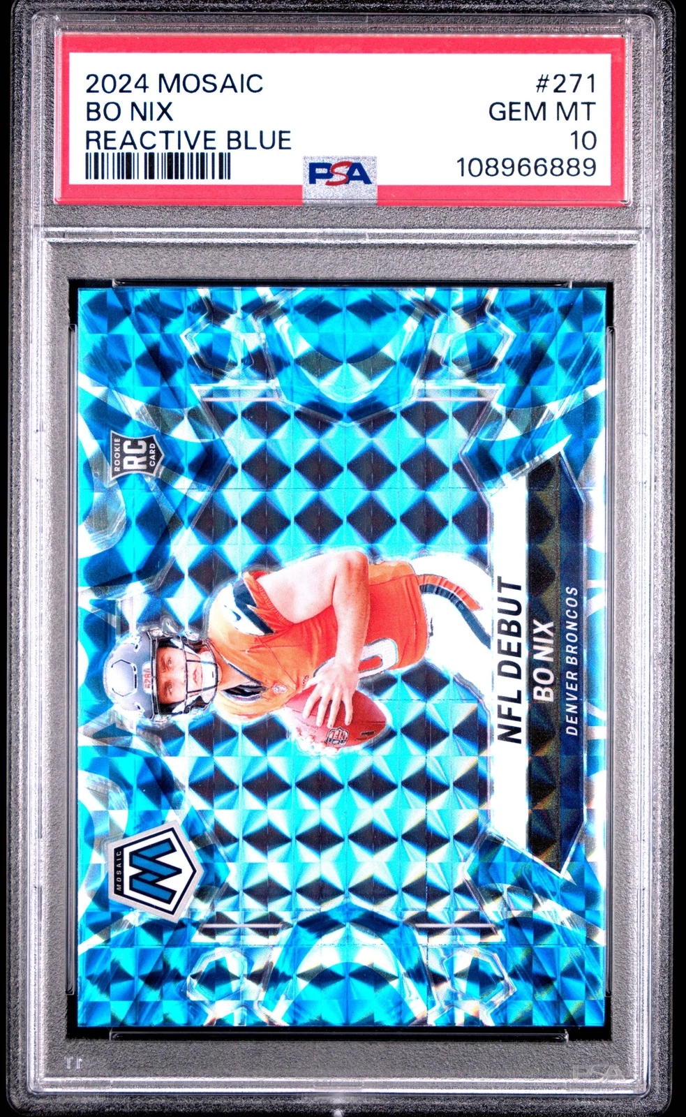 Graded 2024 Panini Mosaic Bo Nix #271 Reactive Blue Rookie Football Card PSA 10