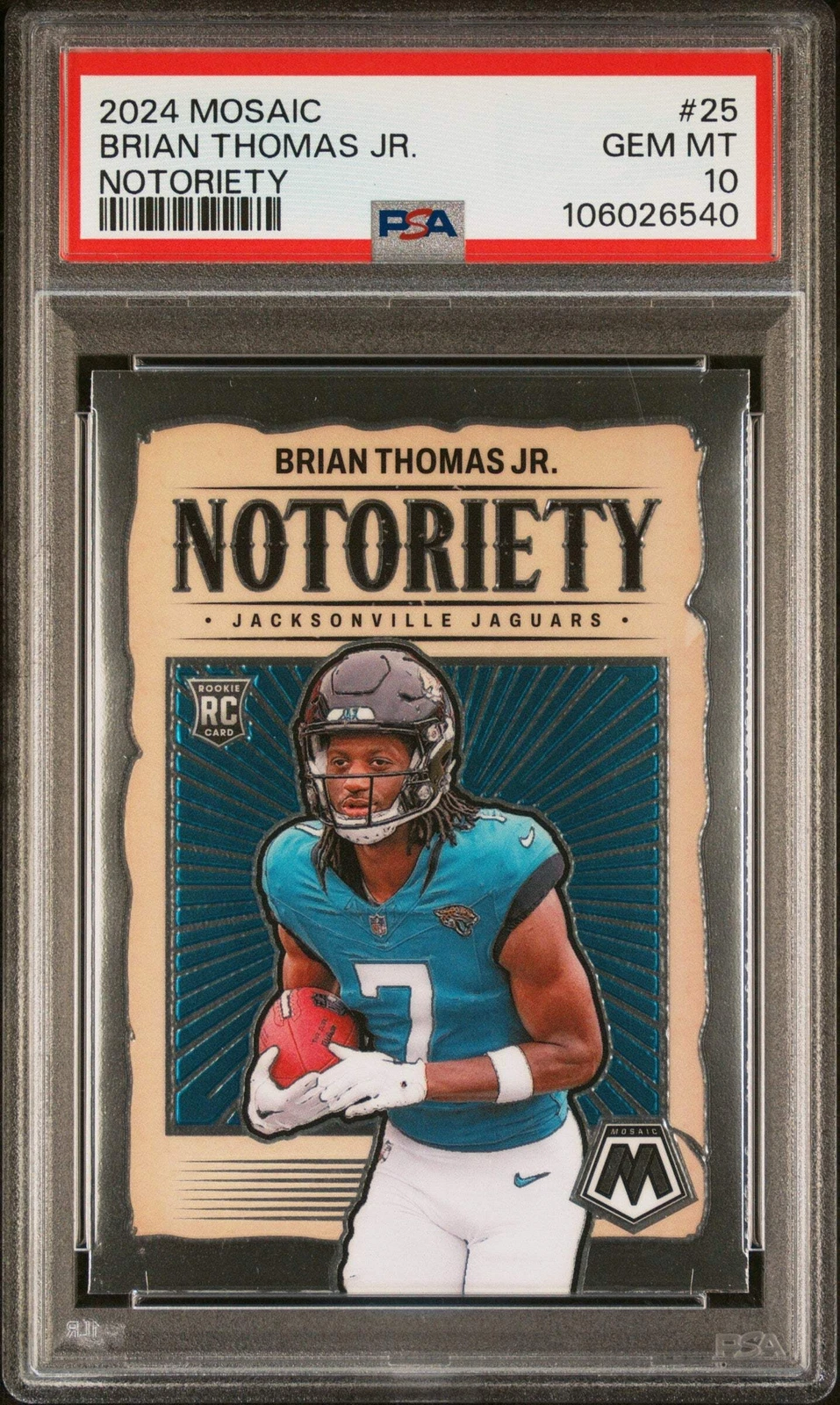 Graded 2024 Panini Mosaic Brian Thomas Jr #25 Notoriety RC Football Card PSA 10