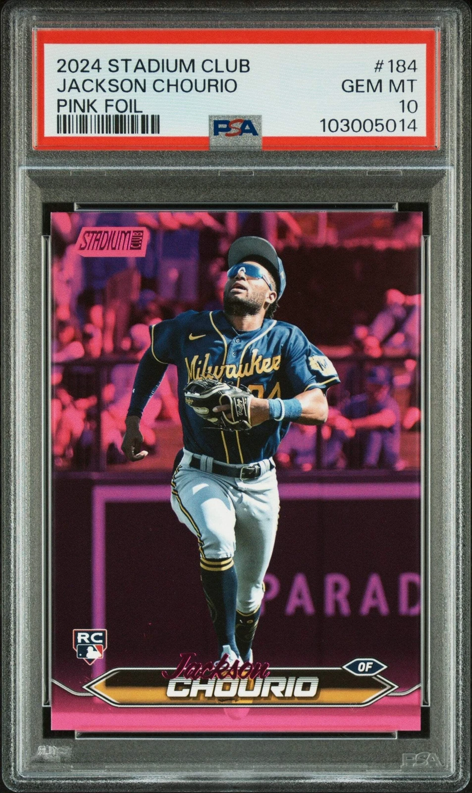 Graded 2024 Topps Stadium Club Jackson Chourio #184 Pink RC Baseball Card PSA 10
