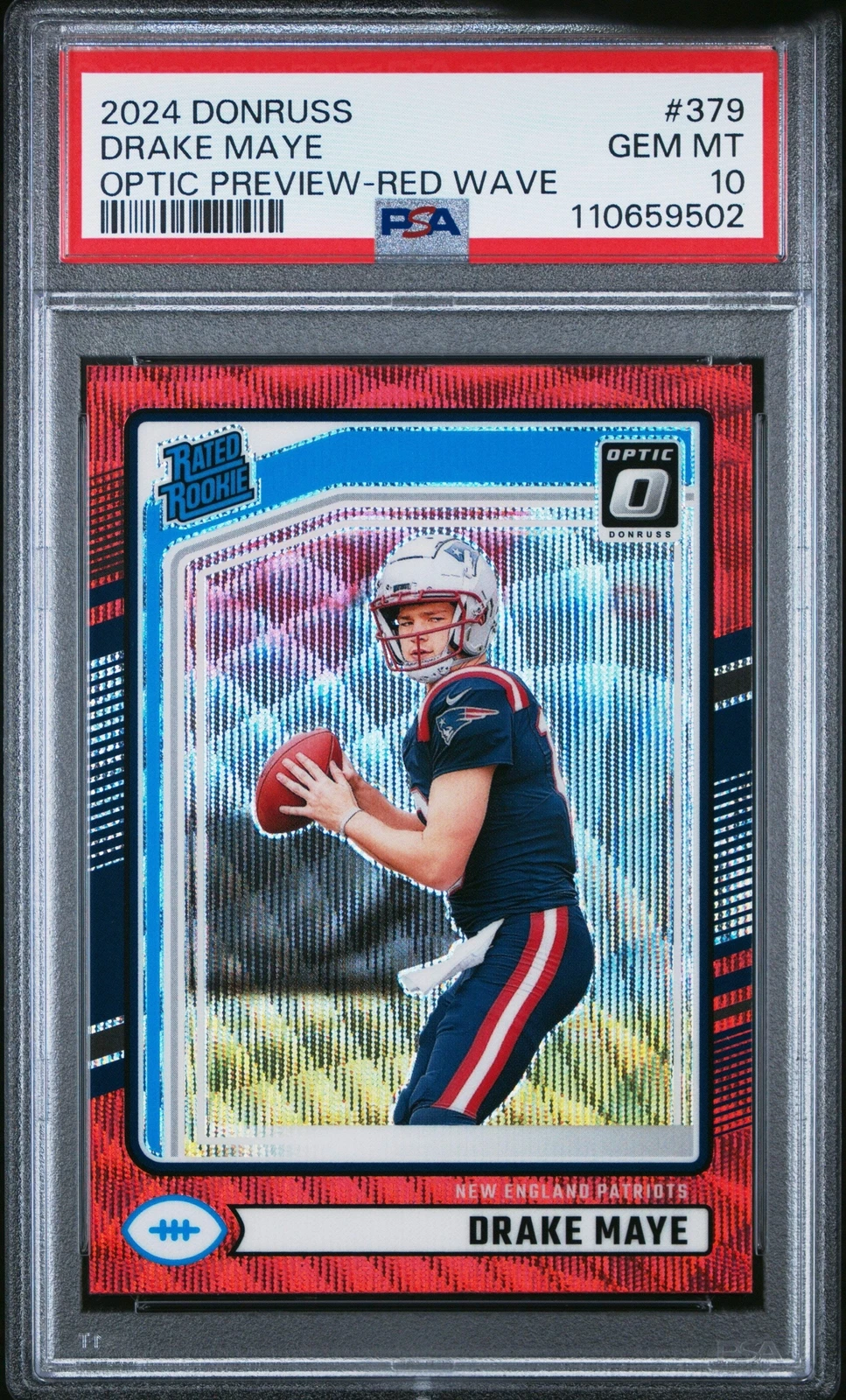 Graded 2024 Panini Donruss Drake Maye #379 Optic Red Wave Football Card PSA 10