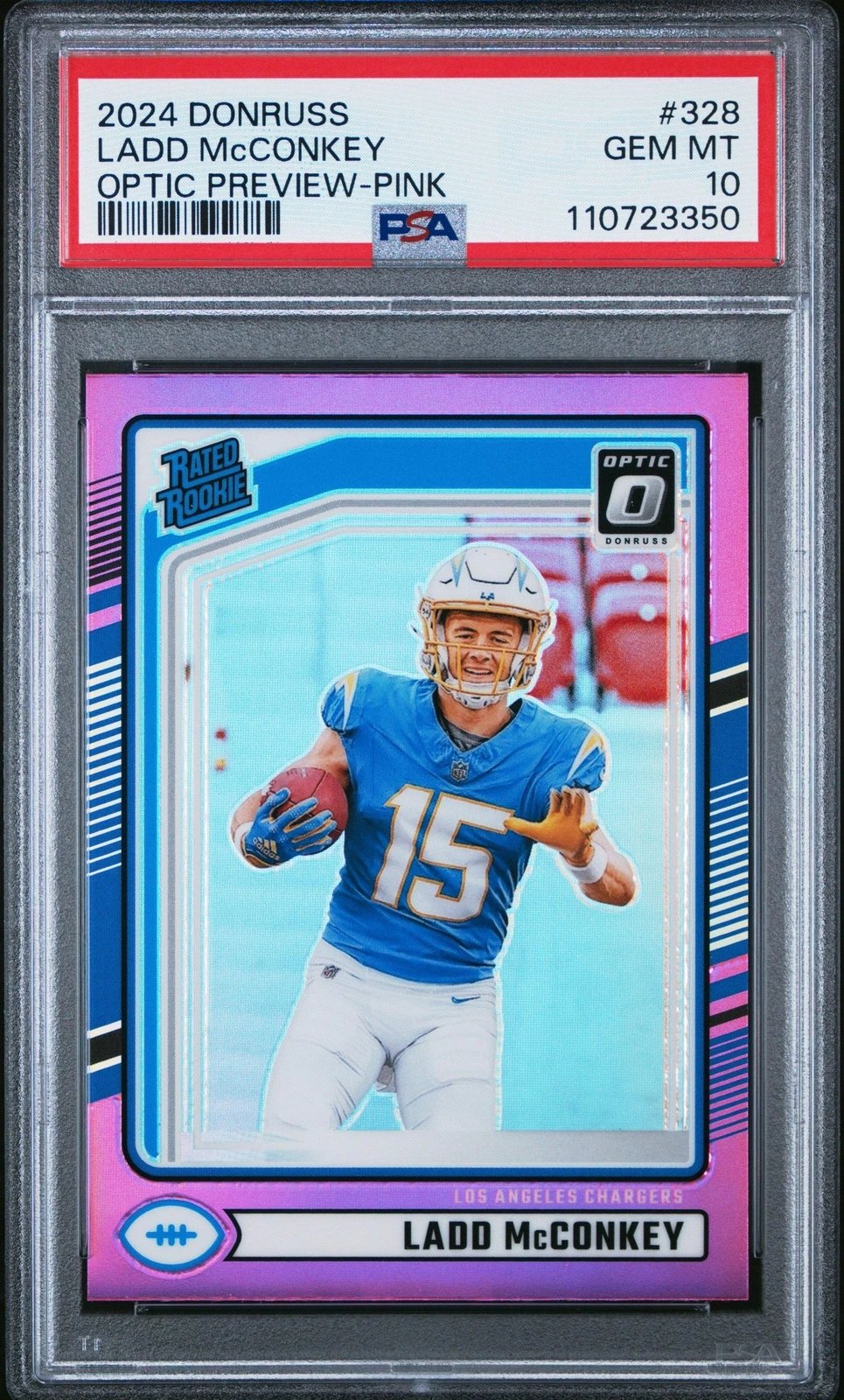 Graded 2024 Panini Donruss Ladd McConkey #328 Pink Rookie Football Card PSA 10