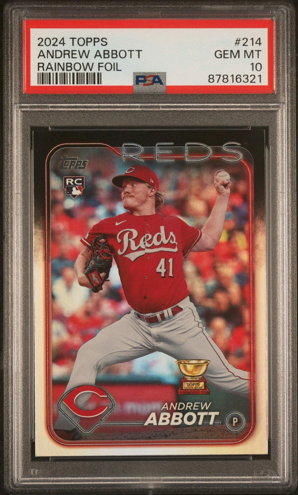Graded 2024 Topps Andrew Abbott #214 Rainbow Foil Rookie RC Baseball Card PSA 10