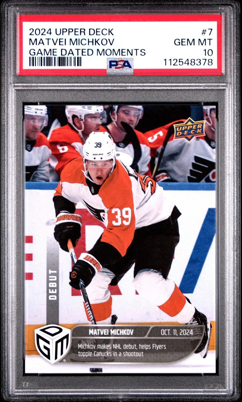 Graded 2024 UD Matvei Michkov #7 Game Dated Moments Rookie RC Hockey Card PSA 10
