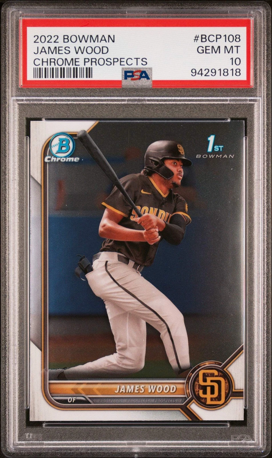 Graded 2022 Topps Bowman James Wood #BCP108 Chrome Prospects Rookie Card PSA 10